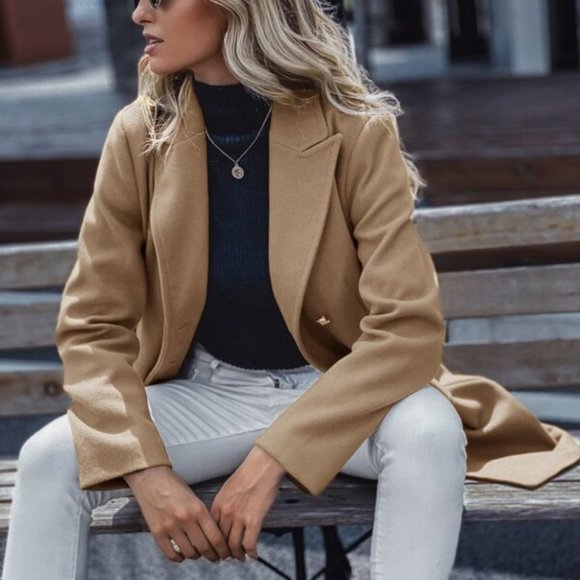 Classic tan button double breast trench pea coat - Picture 2 of 6